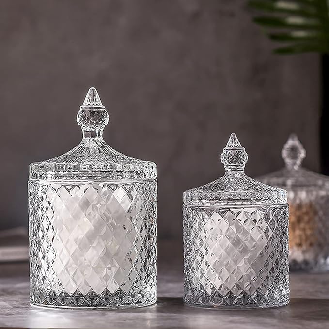 rejomiik Qtip Holder Glass Apothecary Jars with Lid Bathroom Accessories Vanity Organizers and Makeup Storage for Cotton Swabs, Balls, Pads, Floss Picks, Candy, 2 Pack Small and Large Clear