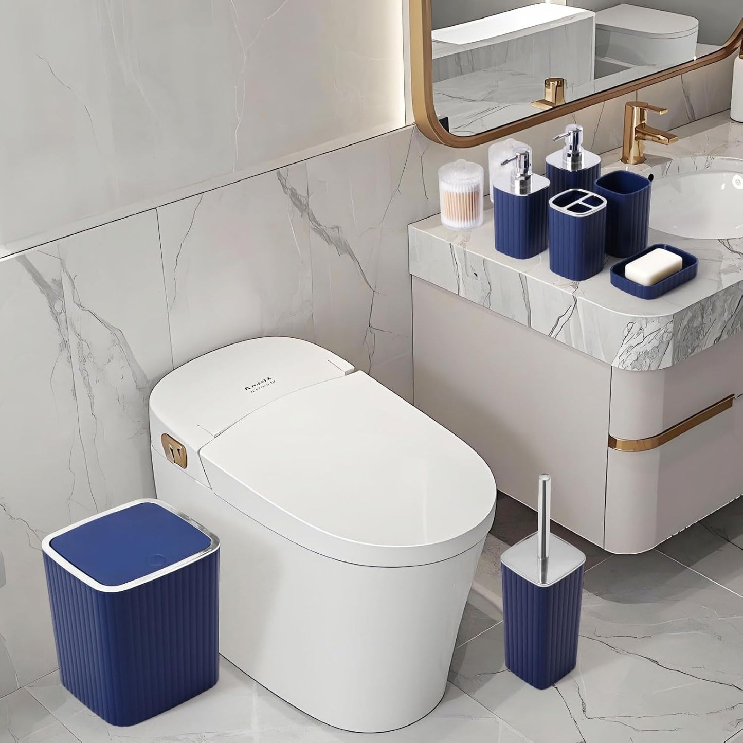 Bathroom Set with Shower Curtain and Rugs- 25PC Bathroom Accessory Set, Navy Blue Shower Curtain Set, Toilet Brush, Trash Can, Qtip Holder Dispenser & Soap Dispenser