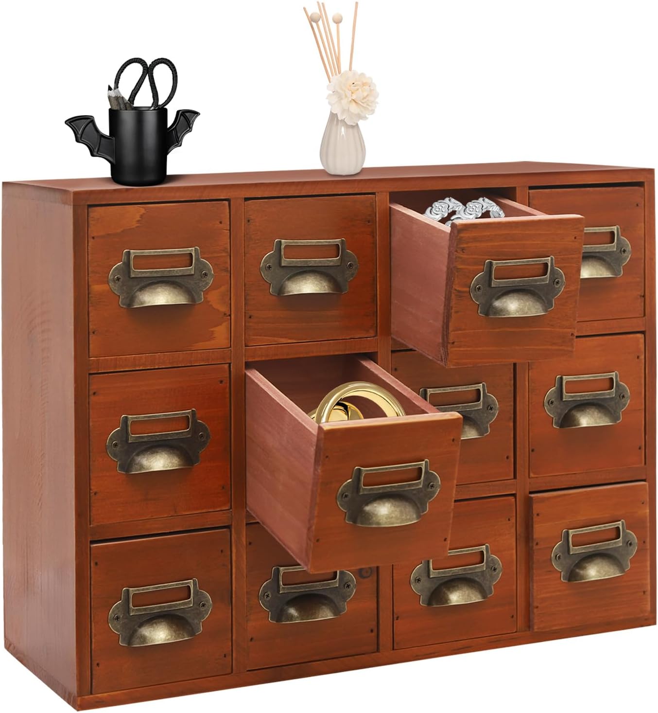 3-Tier Storage Cabinet, 12-Drawer Wooden Organizer with Metal Handles, Wooden Medicine Cabinet, Vintage Brown Solid Wood & Alloy Desktop Storage Shelf for Households, Offices (Brown)