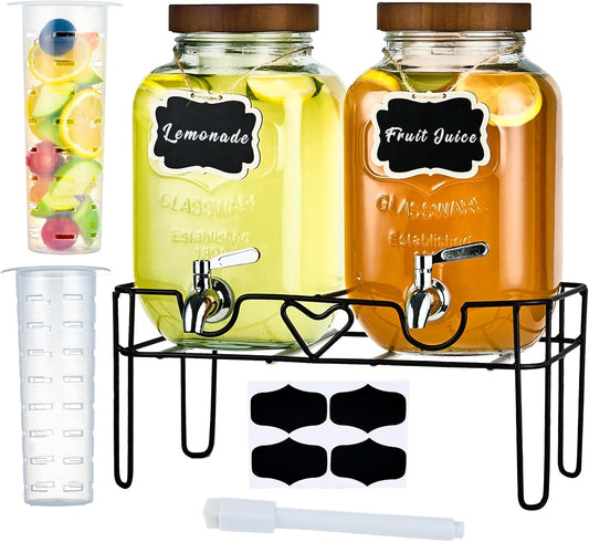 2 Pack1Gallon Glass Drink Dispensers with Stand&Bamboo Lids&Fruit Infuser,304 Stainless Steel Leak-Proof Spigot,Beverage Dispenser for Parties,Water Sangria Juice Sun Tea Lemonade(Brown)