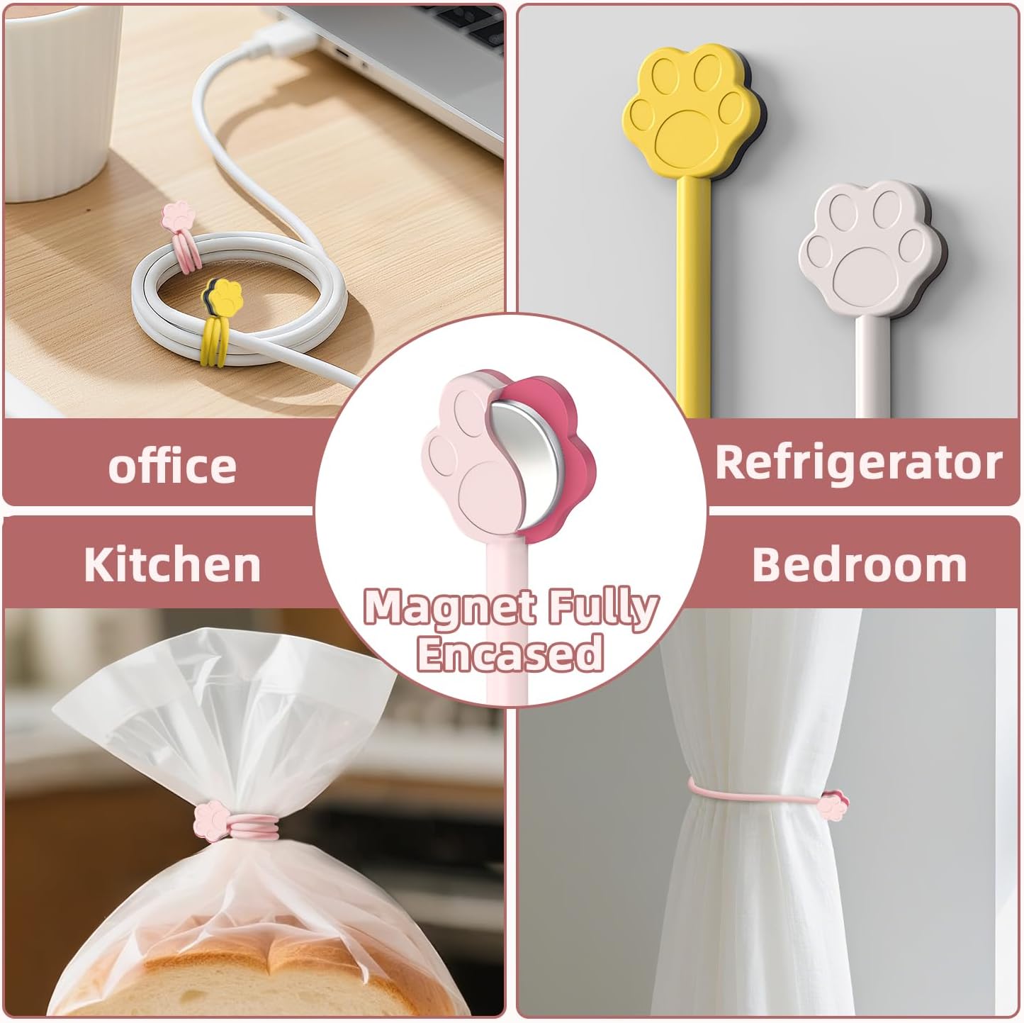 Cute Dog Paw Magnetic Cable Ties (12 Pack, 7.28 In) silicone cable ties reusable,Strong magnetic adsorption,Great for Bundlingand Organizing, Holding Stuff Book Markers, Fridge Magnets (Multicolor)