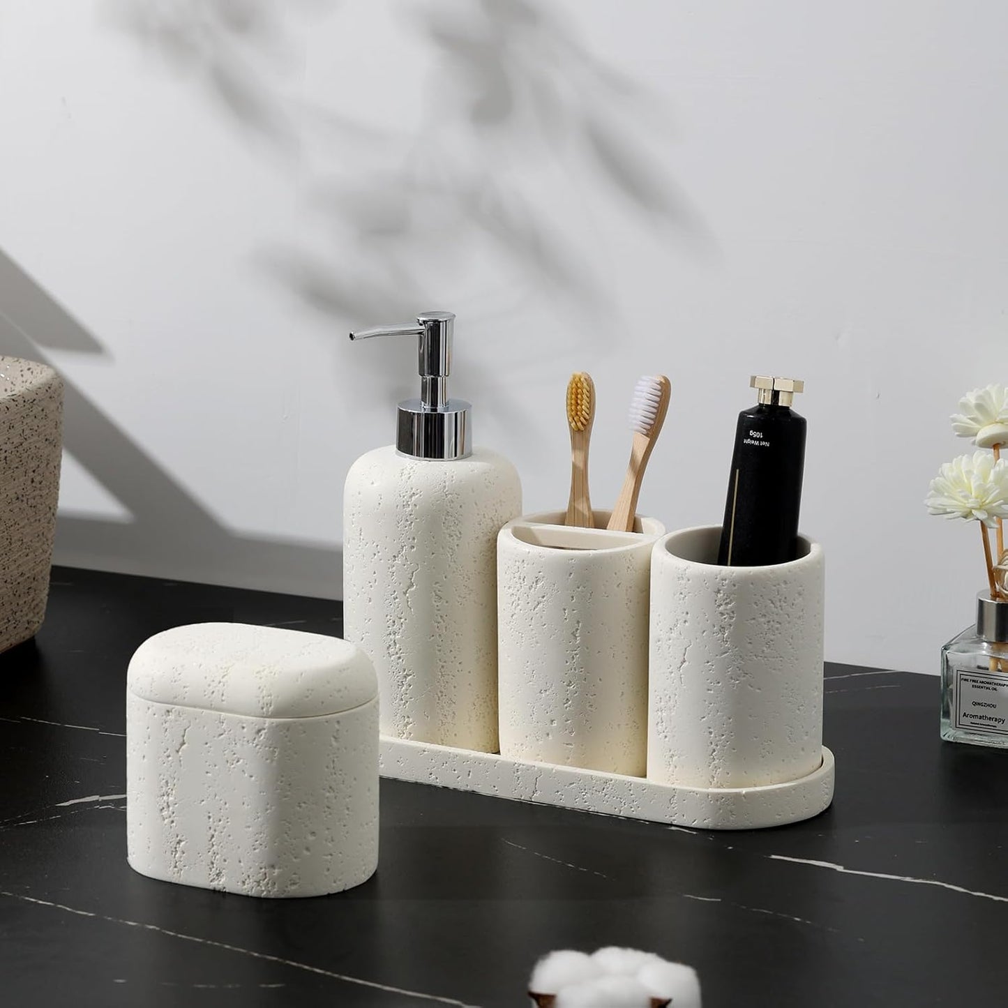 Bathroom Accessories Set, 5PCS Modern Bathroom Accessory Set with Soap Dispenser, Mouthwash Cup & Toothbrush Holder, Qtip Holder, Tray