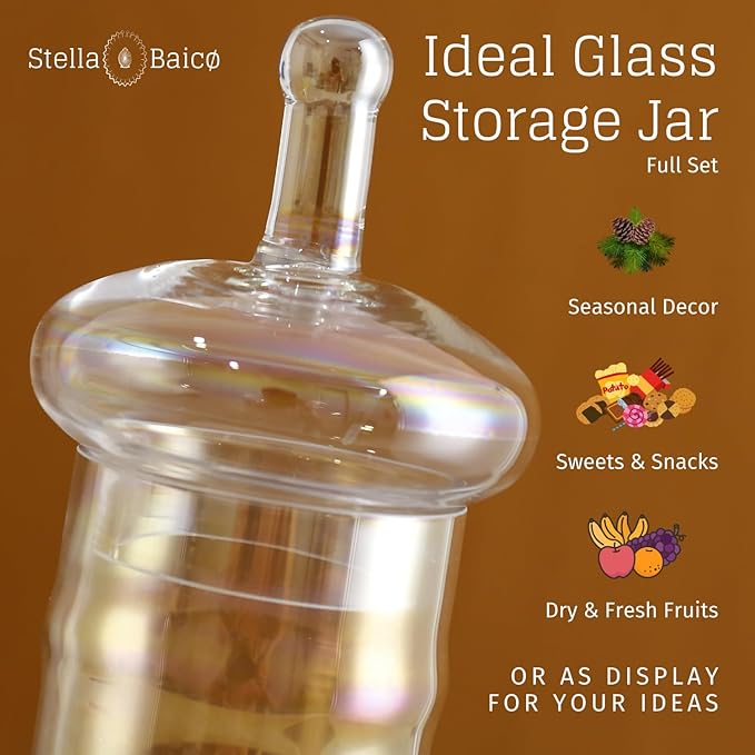 Stella Baic Set of 3 Iridescent Apothecary Jars with Lids, Glass Candy Jars for Candy Buffet, Decorative Jars for Display, Party and Wedding