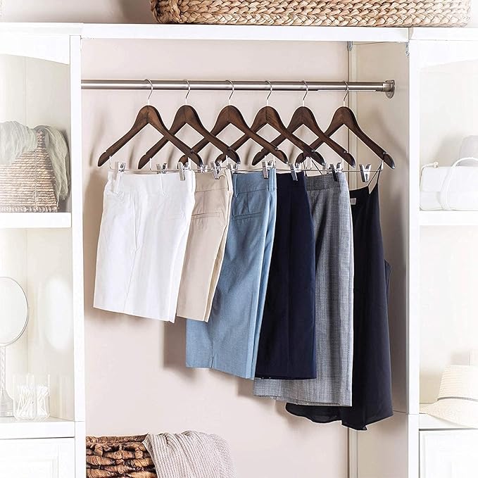 10 Pack Wooden Hangers with Clips High-Grade Wooden Suit Hangers Skirt Hangers with Clips S Wood Hanger with Durable Metal Clips for Blouse, Dress, Coat, Jacket (Natural)