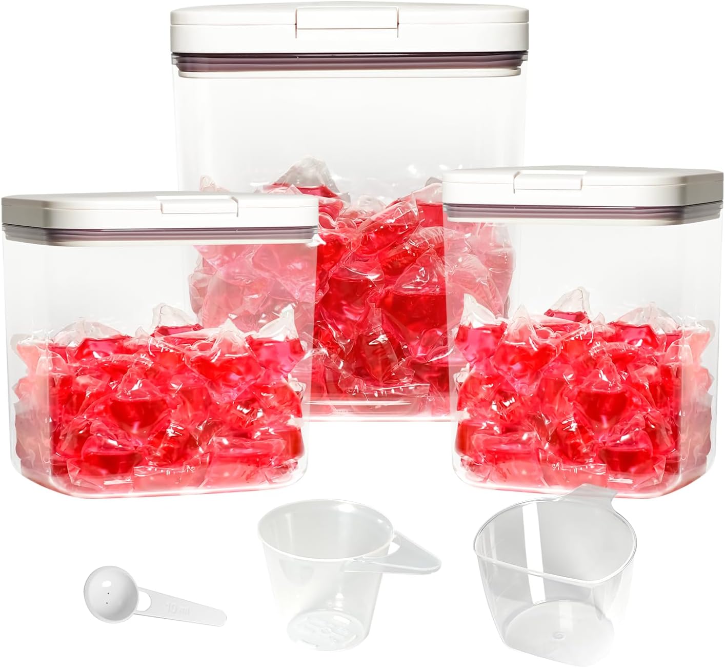 Gute Sealed Auto Pop-Up Laundry Pod Holder with Lid, 3-Piece Laundry & Dishwasher Pod Container Set for Laundry Room Organization (67oz, 94oz, 186oz Capacity)