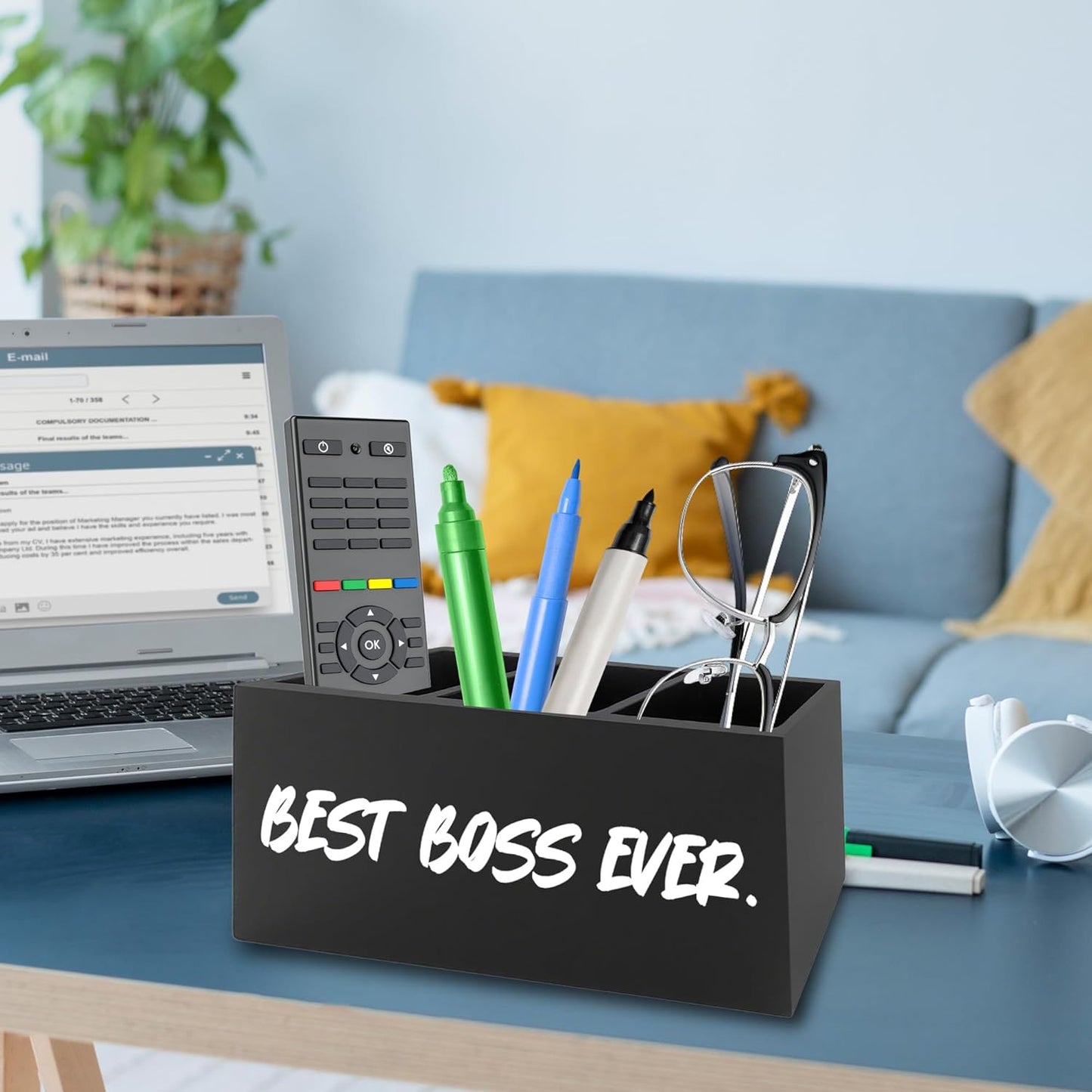Boss Gifts Pen Pencil Holder Organizer for Desk, Bosses Leader Appreciation Gifts, Best Boss Ever Wooden Box Signs Decorations for Home Workplace Office Desk Tabletop