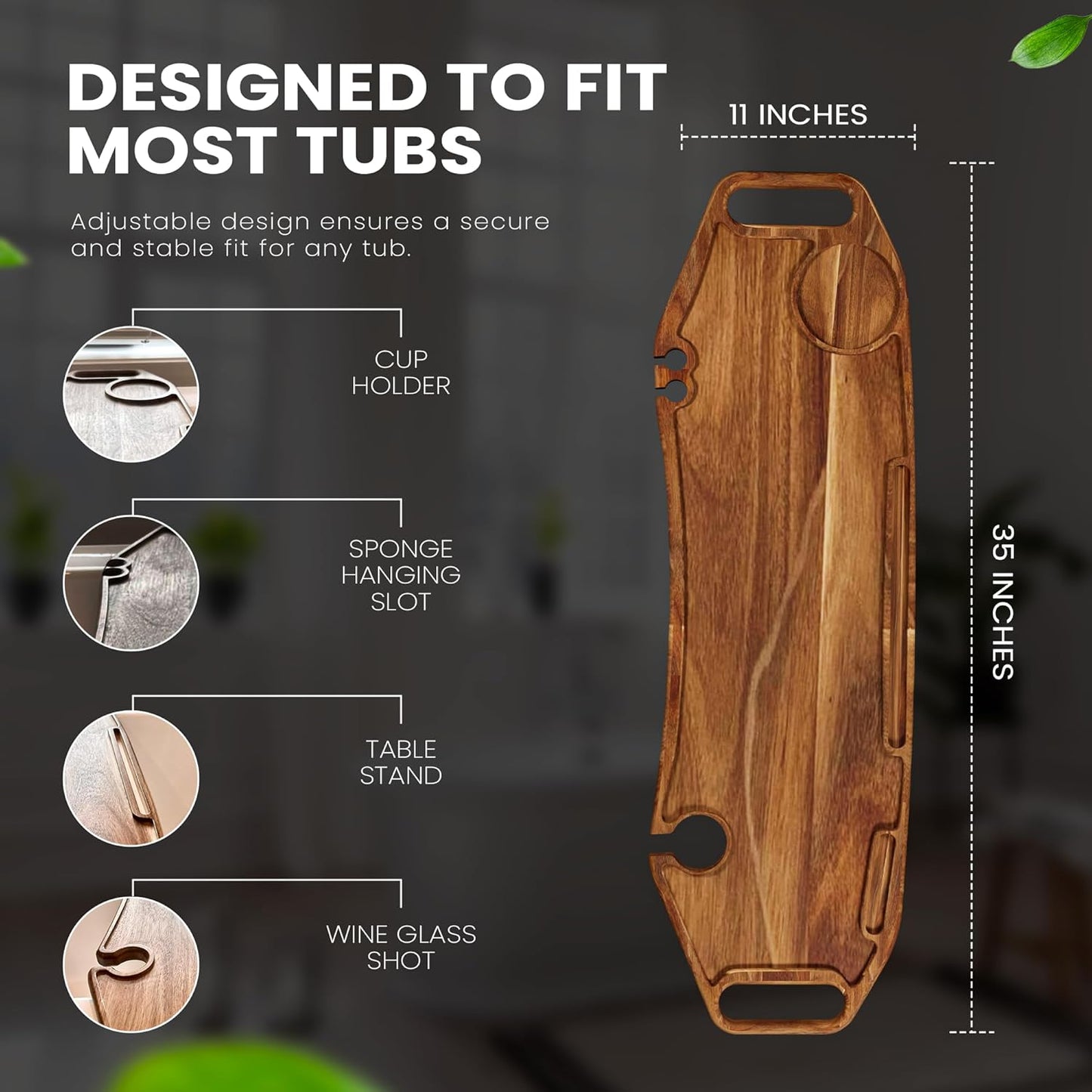 Lush & Style Premium Bathtub Tray Large & Thick 35” x 10``, Acacia Wood Luxury, Waterproof, Non-Toxic, Adjustable Legs, No Tools Required,Caddy Tray, Luxury Bath Accessories