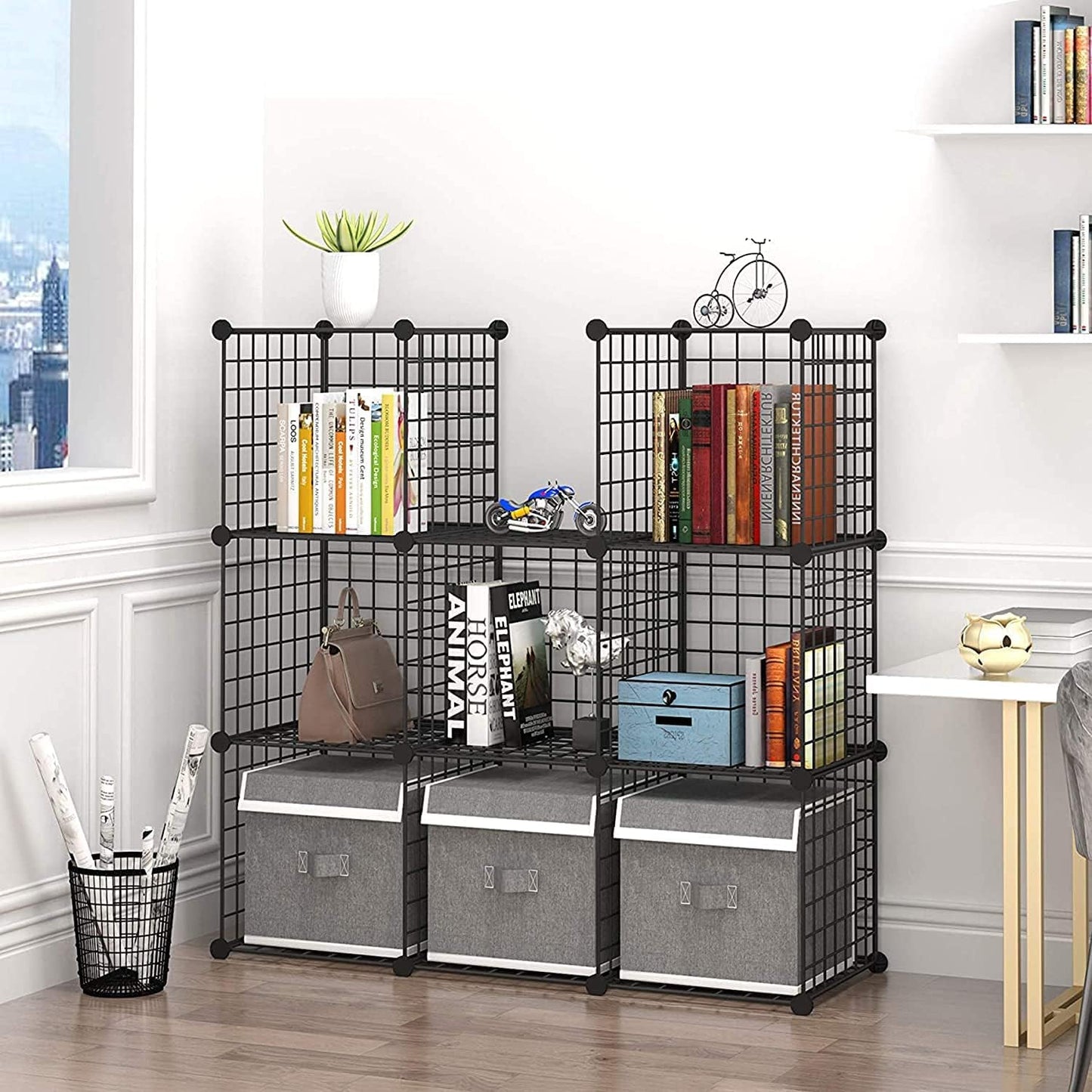 C&AHOME Wire Cube Storage - 9-Cube Organizer, Metal Grids, Modular Bookshelf, Closet Cabinet, Ideal for Home, Living Room, Office - 36.6'L x 12.4'W x 48.4'H Black