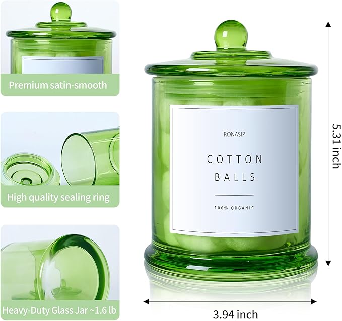 Qtip Holder & Cotton Pad Dispenser, Bathroom Organizer and Storage Canisters, 16oz Glass Apothecary Jars for Kitchen, Restroom - Home Decor Accessories, Room Decor Aesthetic (2 Pack, Green)