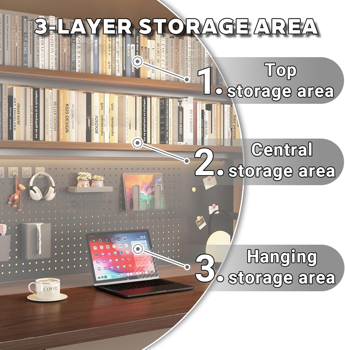 2-Tier Computer Desktop Bookshelf, Metal and Wood Desk Organizer Shelf with Pegboard, Small Freestanding Rack for Gaming, Study, and Display, for Home Office and Dorm