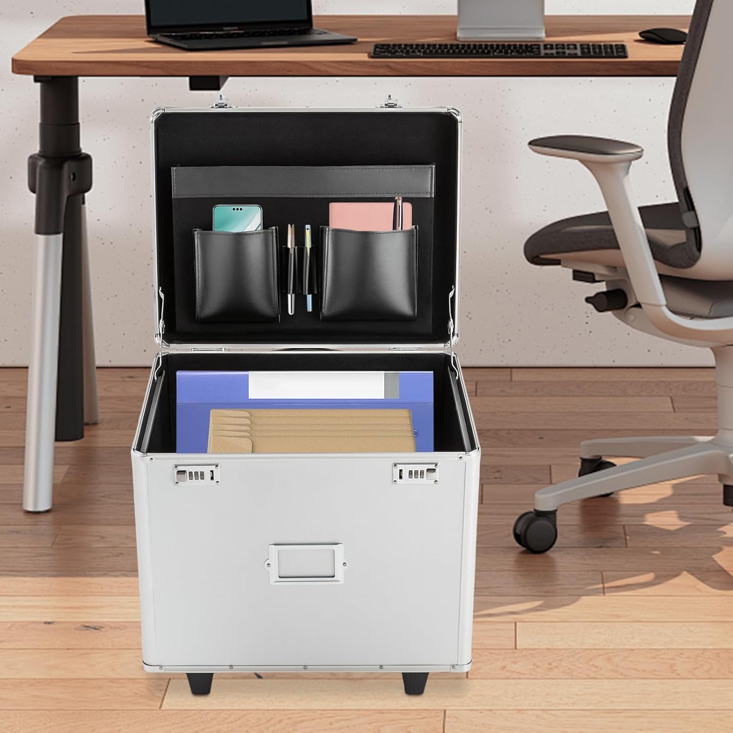 Rolling Cart for Teachers, Rolling File Cart with Hanging Folders, Portable File Box with Handle, Aluminum Alloy, Passcode Lock, Silver