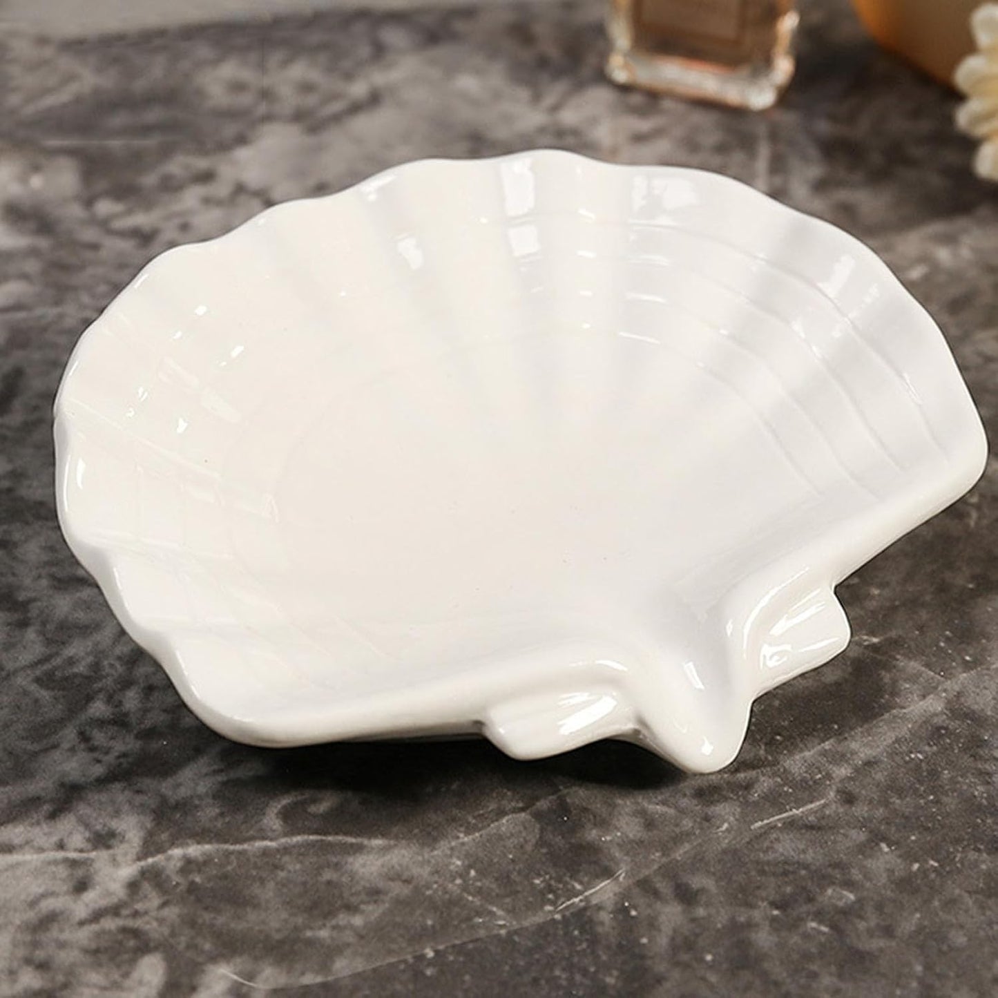Ceramic Soap Holder, Sea-Shell Soap Tray with Self Draining, Soap Tray for Sink Washroom Bathroom Shower, Small Cute and Elegant Holder with Glaze, Easy Cleaning (White)