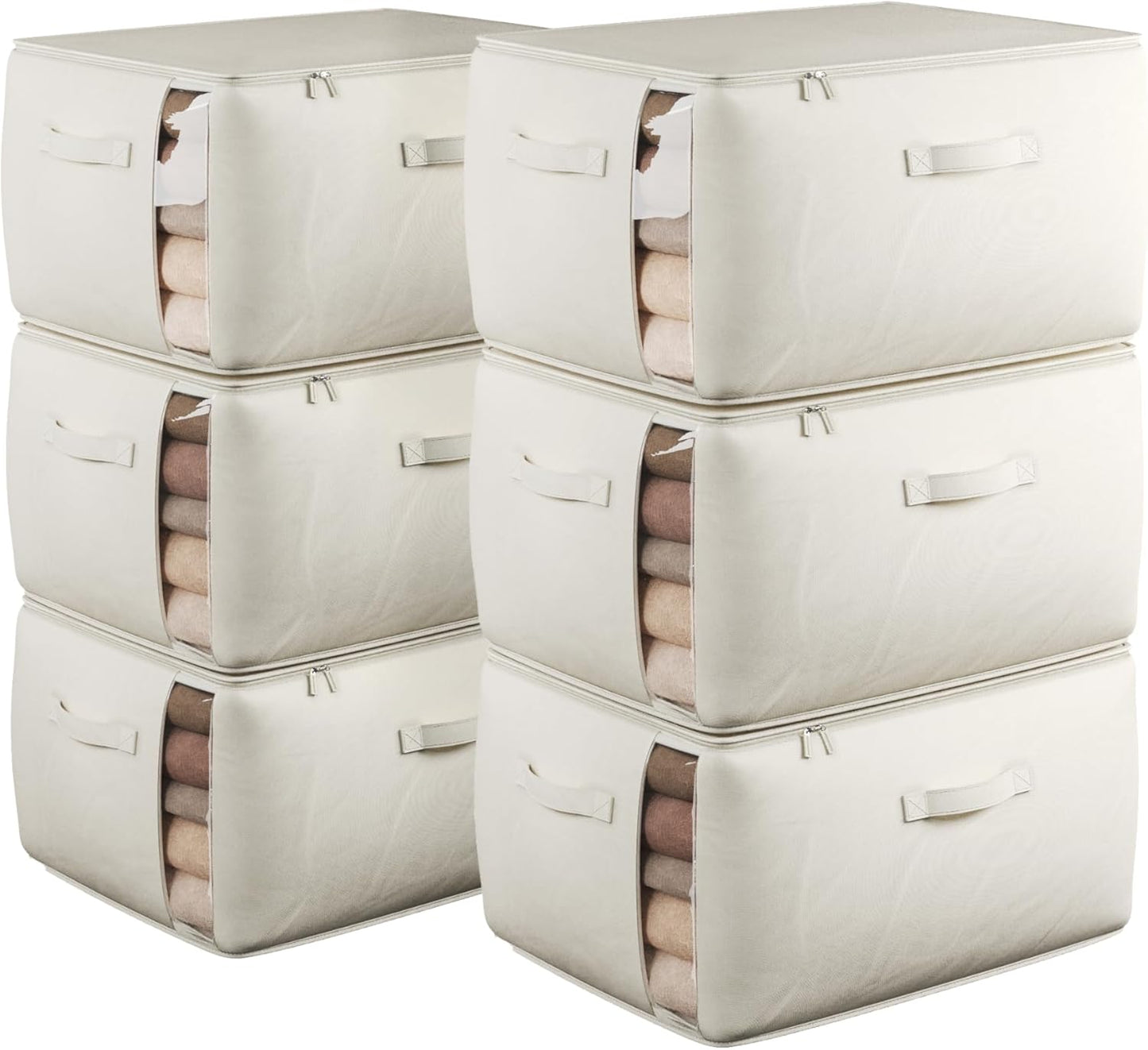 Large Canvas Clothes Storage Bags with Thick Handles and Clear Window, Foldable Cotton Linen Closet Organizer for Clothing, Blankets and Bedding, 70L, 6 Pack, Beige