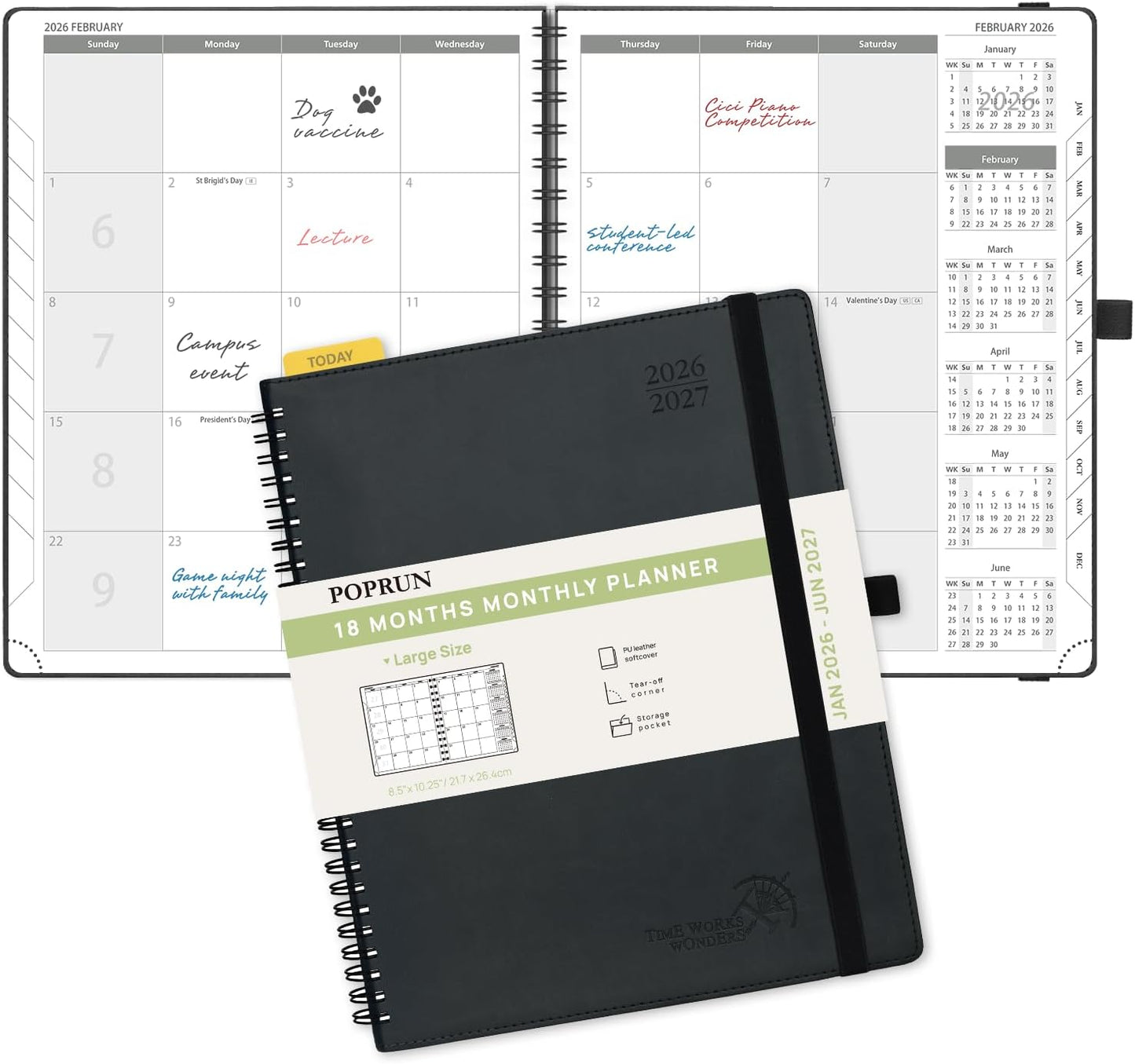 POPRUN Monthly Planner 2026-2027 (Large 8.5" x 10.5") 18 Months Calendar (Jan 2026 - Jun 2027) - 4 Pages per Month with Expense & Notes, Stair-like tabs, Leather Cover, Sunday Starts - Black