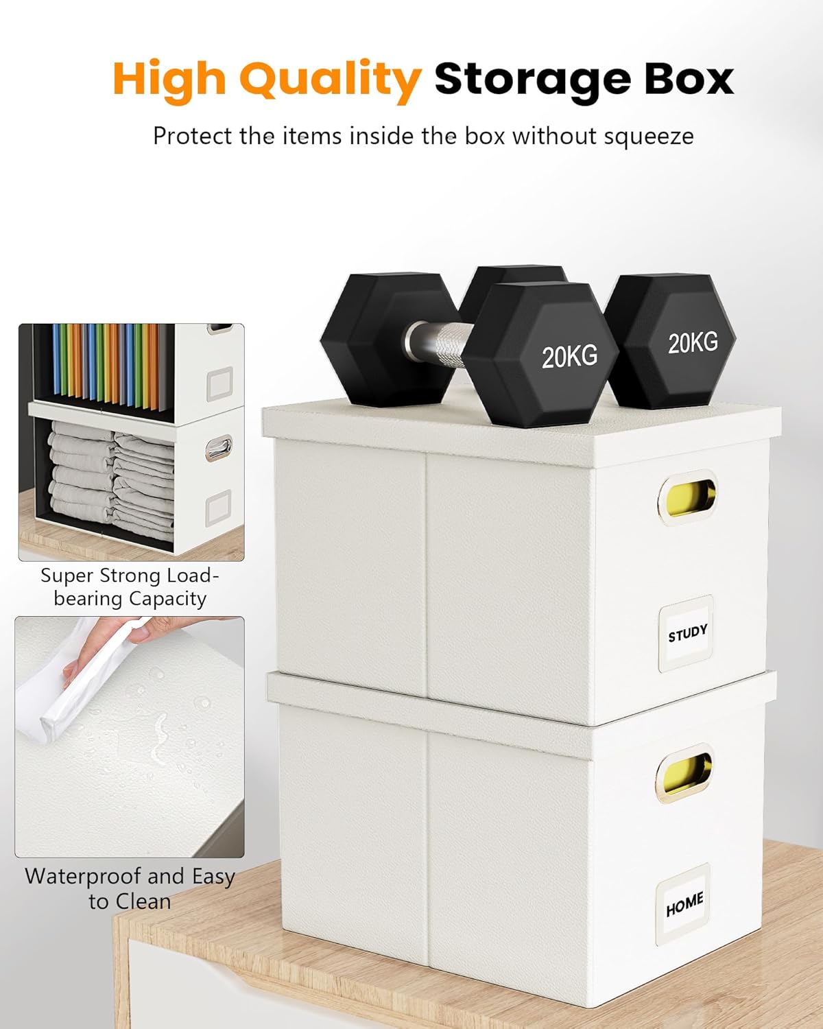 2 Pack File Storage Organizer, Portable File Box with Lid, Fit for Letter/Legal File Folder Storage, White (Leather) - Box only