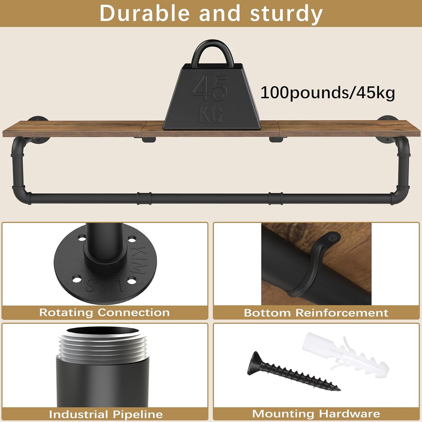 Industrial Pipe Clothing Rack with Top Shelf, Closet Poles for Hanging Clothes, Heavy Duty Iron Garment Racks Wall Mounted, 41.3x10.2x5.9 Inch, Black