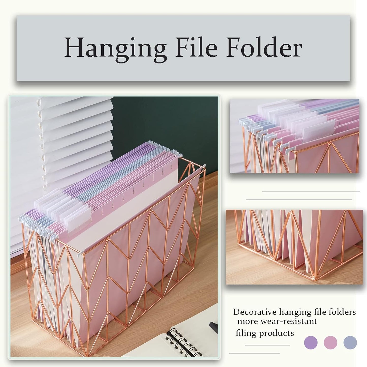 Hanging Rose Gold File Organizer, equipped with 12 letter sized hanging folders, file baskets, file boxes, storage boxes, office and study supplies, blue