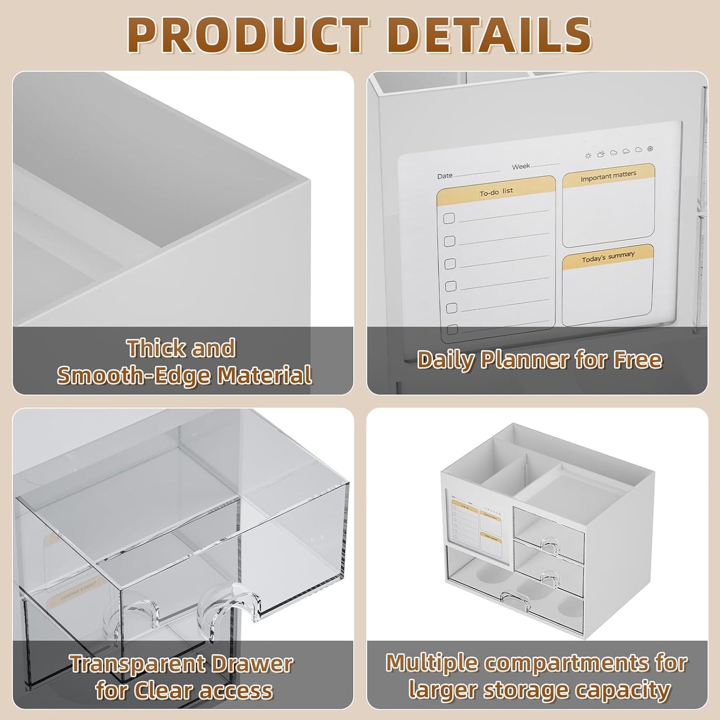 Marbrasse Desk Organizer with 3 Drawer, Multi-Functional Pencil Pen Holder for Desk, Desk Organizers and Accessories with 4 Compartments, Desktop Organizer Storage for Office Home Art Supplies (White)