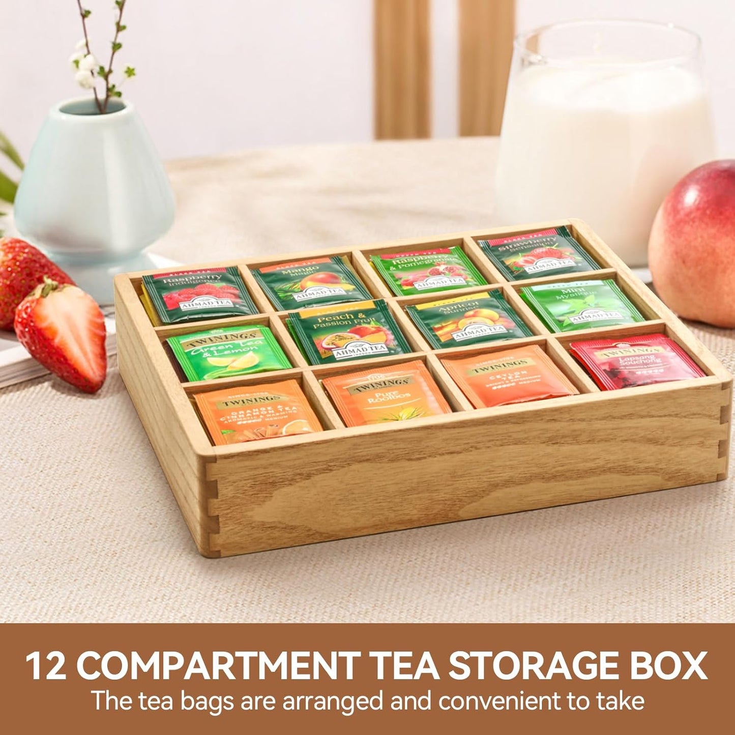 KIRIGEN Wood Tea Organizer 12 Compartments Tea Bag Holder Wooden Coffee Storage Box for Home and Office CYH12-NA