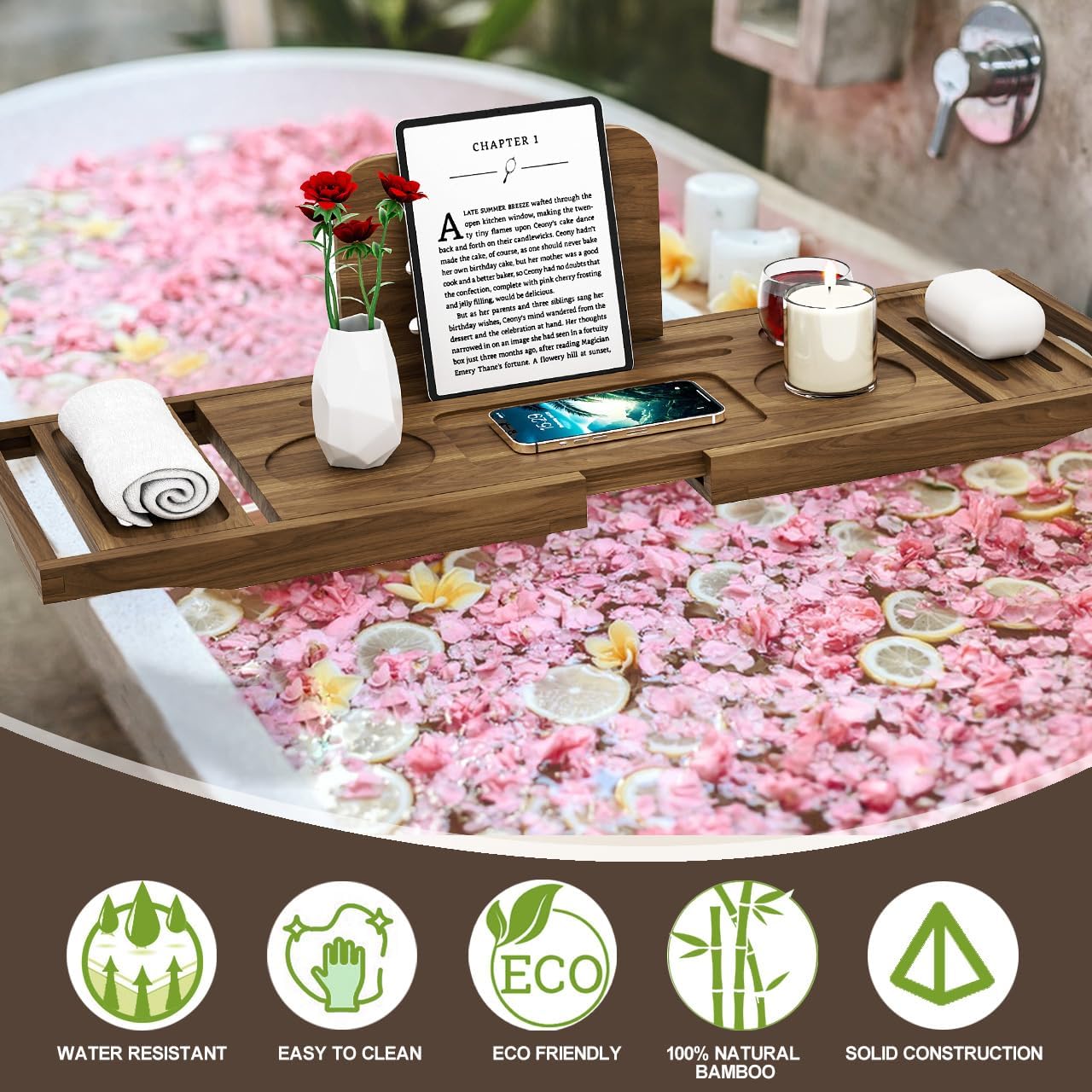 Premium Teak Bathtub Tray Caddy, Expandable Wooden Bath Tray for Bathub, Luxury Bathtub & Bathroom Accessories, Great House Warming, Anniversary & Wedding and Birthday Gifts