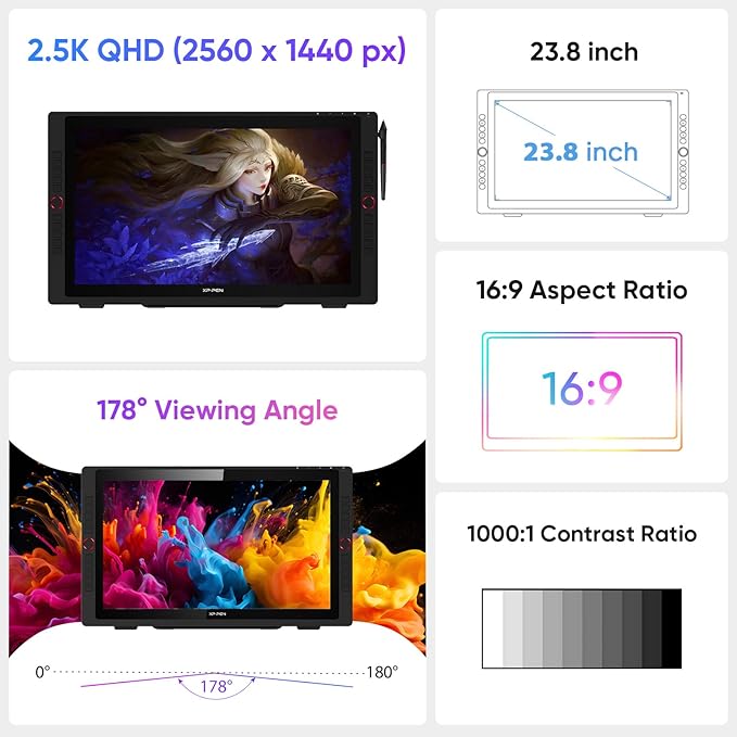 XPPen Artist24 Pro 23.8 Inch Drawing Tablet with Screen 2.5K QHD Drawing Pen Display with 20 Shortcut Keys & Tilt 8192 Pen Pressure Battery-Free Stylus for Windows, Mac, Chrome, Linux