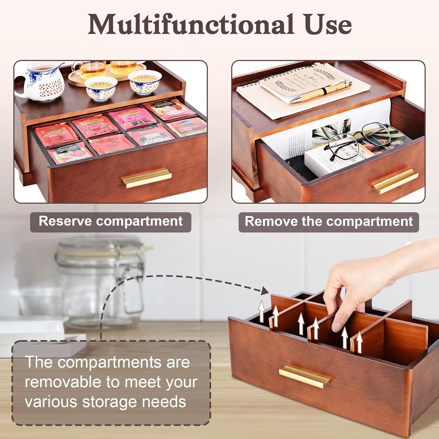Tea Bag Organizer, Tea Organizers and Storage, Tea Box Organizer Storage Box, Tea Station Organizer for Countertop, Tea Caddy for Wood Tea Holder Organizers for Removable Drawer (Brown)