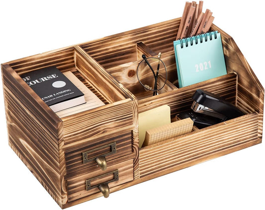 Distressed Rustic Wooden Office Desktop Drawers Organizer Wood Shelf Tabletop Home Organizer Storage with Multiple Compartments,perfect Jewelry storage Display Box for Desk, Vanity (Dark Brown)