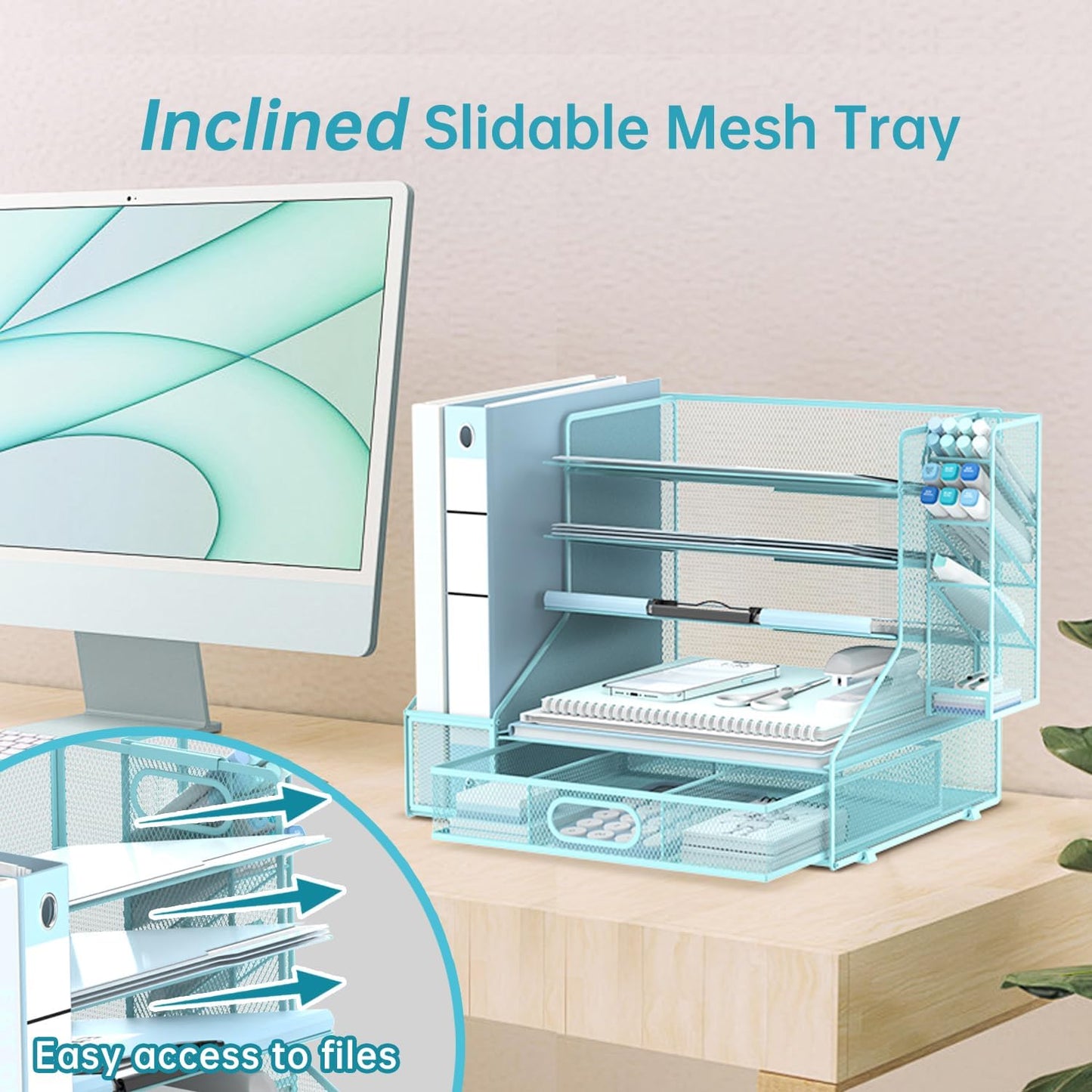 SUPEASY Desk Organizer with File Holder, 5-Tier Mesh Paper Letter Tray Organizer with Pen Holder and Drawer, Desktop Organizer and Storage with 3 Tilted File Sorter for Office Supplies, Blue