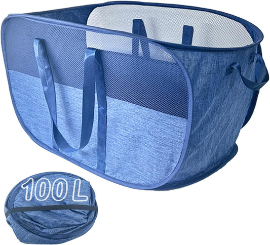 Extra Large Mesh Pop Up Laundry Hamper, 100L Collapsible Laundry Basket, Dirty Clothes Hamper with Reinforced Handles, Storage Bins for Shelves, Dorm or Home Portable Stair Laundry Basket. Blue