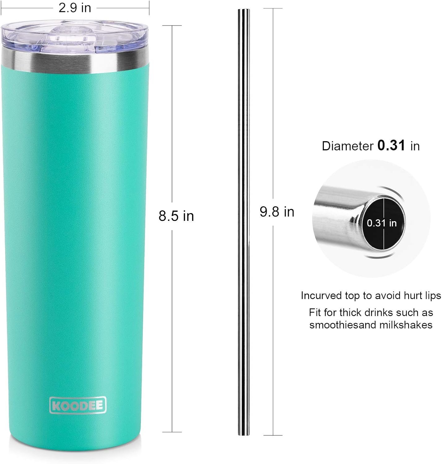 koodee 20 oz Stainless Steel Skinny Tumbler Double Wall Insulated Slim Water Tumbler Cup with Lids, Straws and Straw Brushes (Teal)