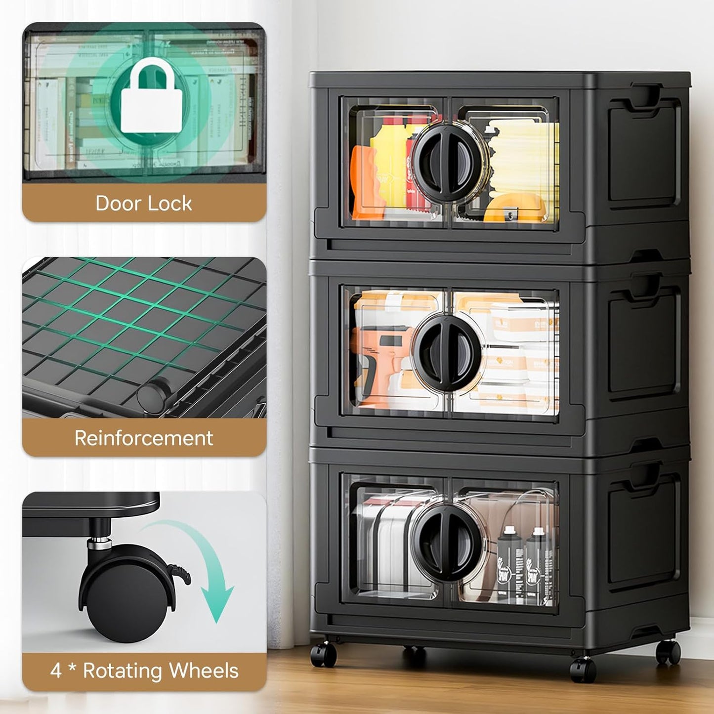 JEKO&JEKO 498Qt Lockable Stackable Storage Bins with Lids, Collapsible Closet Organizer with Wheels, Plastic Cabinet Drawer for Clothes, Dorm Room 6 Pack (Black)