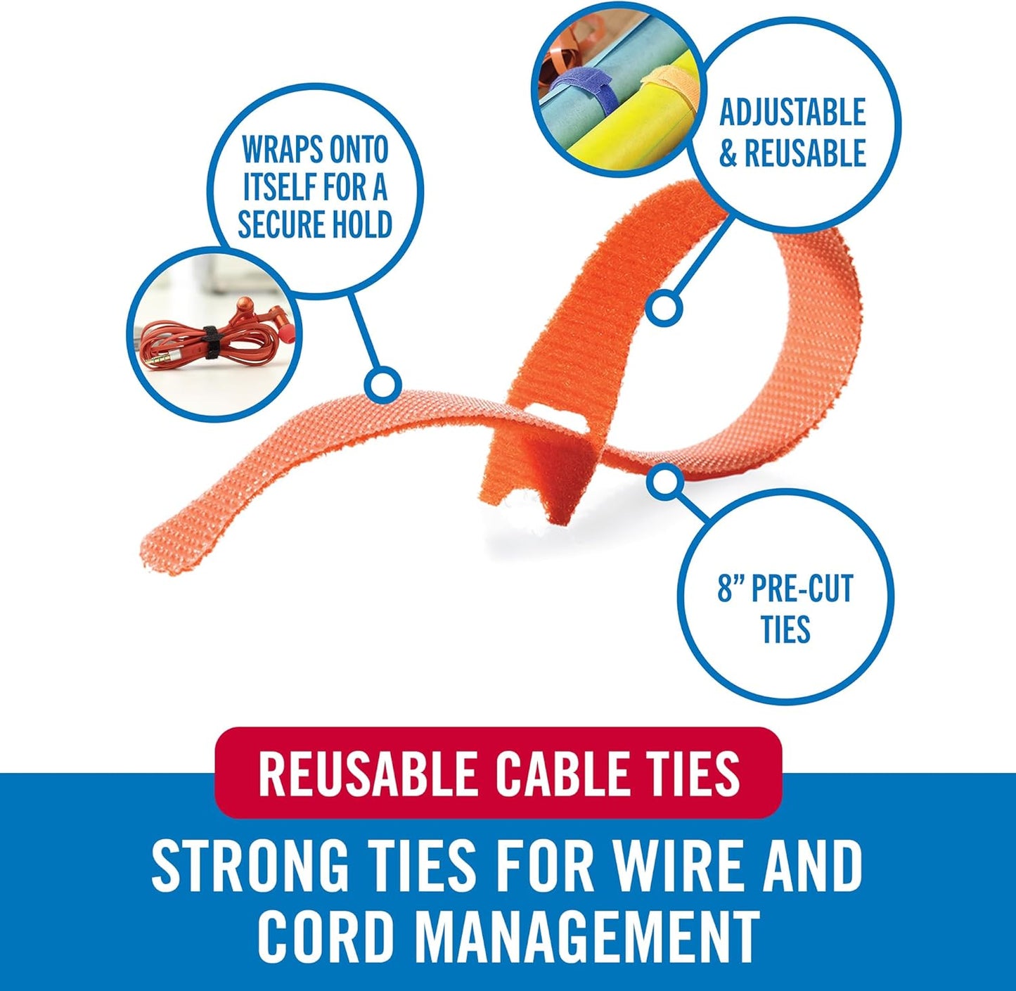 VELCRO Brand ONE-WRAP Cable Ties | 60Pk | 8 x 1/2" Straps, Multicolor | Strong Reusable Wire Management | Cord Bundling for Home Office and Data Centers