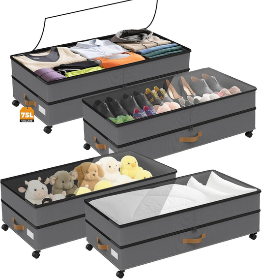 Under Bed Storage with Wheels 4-Pack, 75L XXL Under the Bed Storage Containers Large, 12" Tall Adjustable Storage for Underbed with Lids, Rolling for Shoes, Clothes, Blankets (4PCS-Grey)