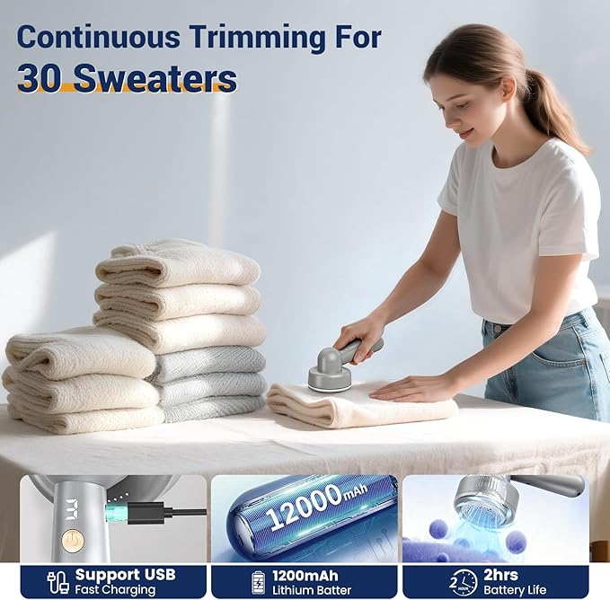 DBC Fabric Shaver, Lint Remover for Clothes with 3-Speeds and 6-Leaf Blades, 2hours runtime, 2 Replaceable Blades, Battery Operated, Sweater Shavers to Remove Pilling for Clothing, Lint Ball - Grey