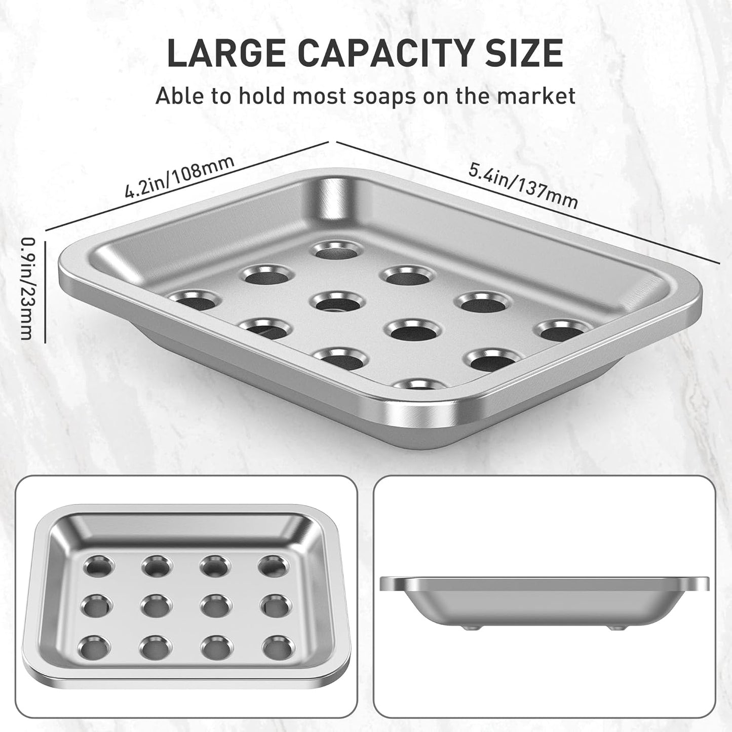 Stainless Steel Soap Dish, Large Double-Layer Draining Soap Holder, Metal Soap Dish for Bathroom, Shower, Kitchen and Sink Countertops