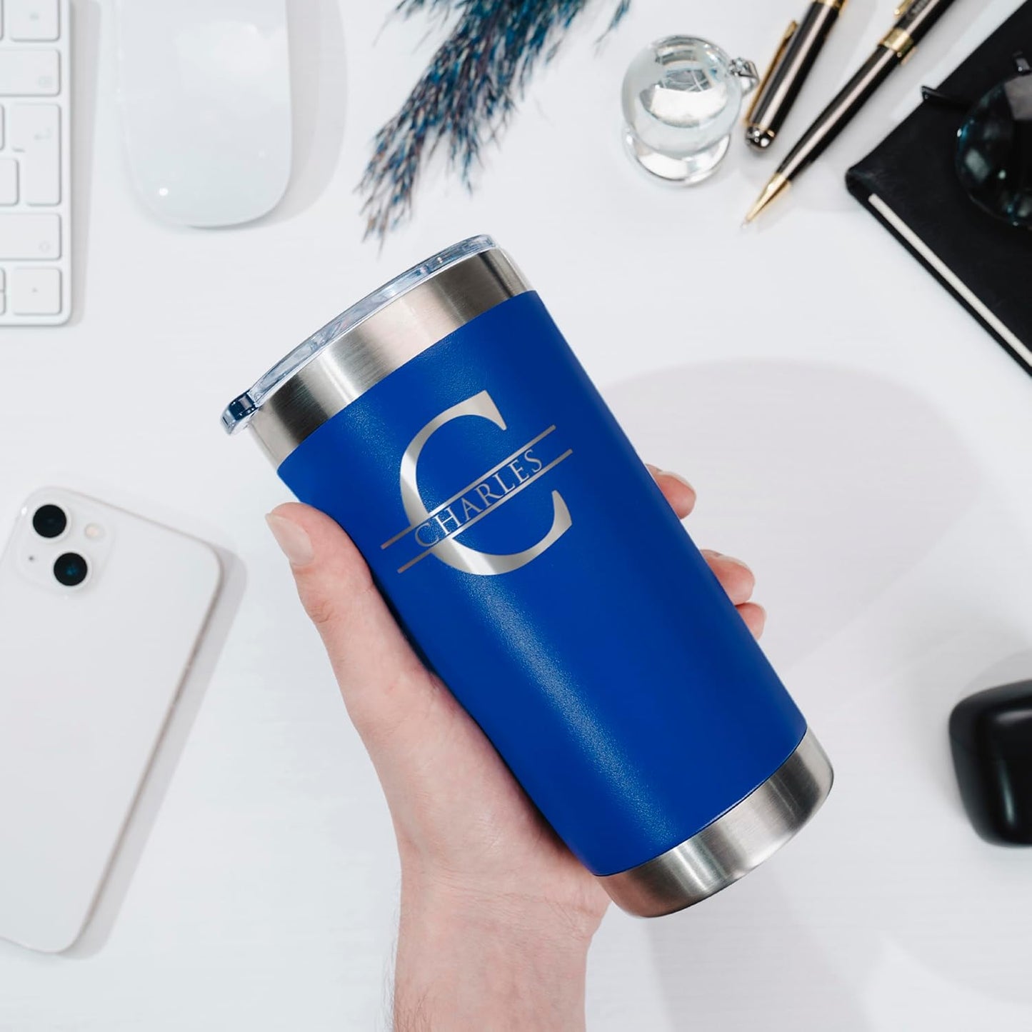 Personalized Tumbler with Engraved Name - 12 Designs, 20 Oz Coffee Tumbler with Slider Lid, Royal Blue, Double Wall Insulated - Custom Gift for Men, Women