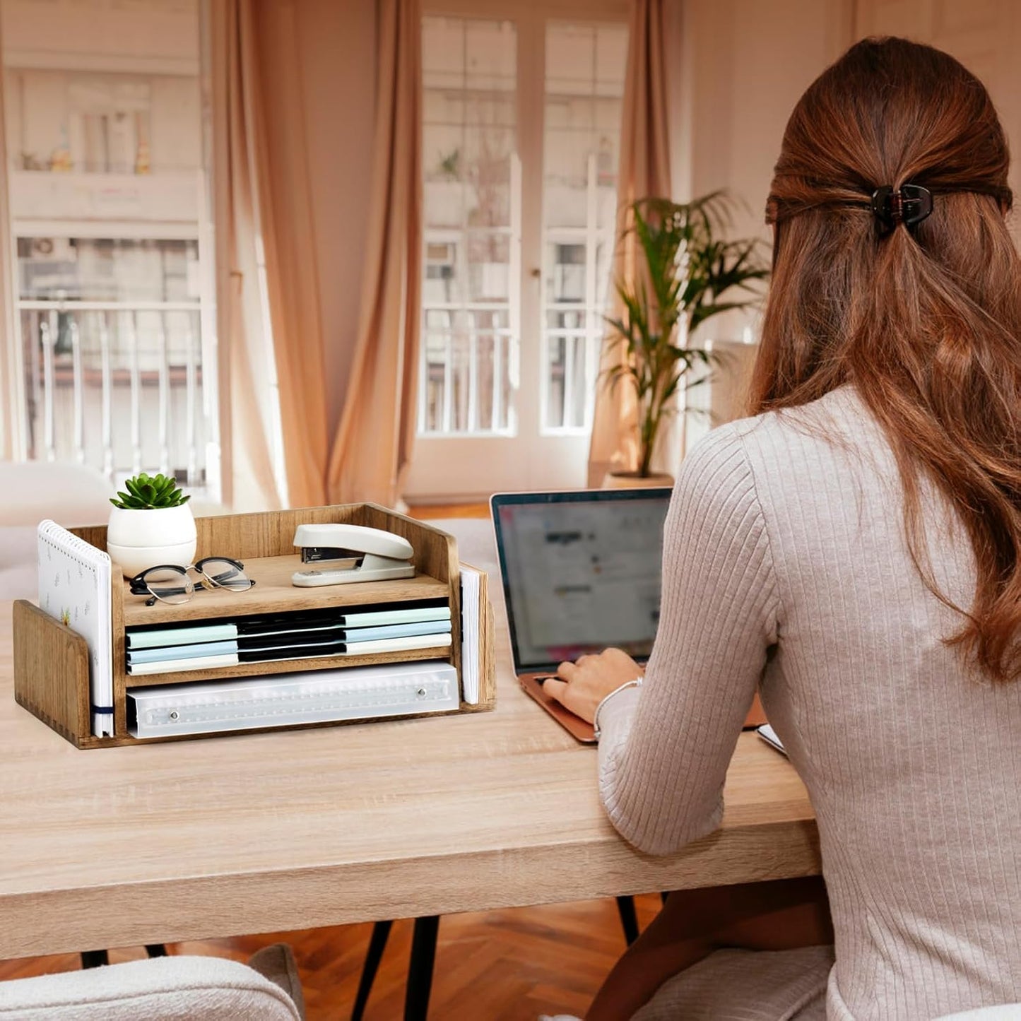 KIRIGEN Wood Desk Organizer 5 Trays - Desktop Document Letter Tray for Folders, Mail,File -Nature 3-Tier Office Mail Sorter Organizer Rack/Telephone Stand/Document Holder Dark Brown(2TP-DBR)