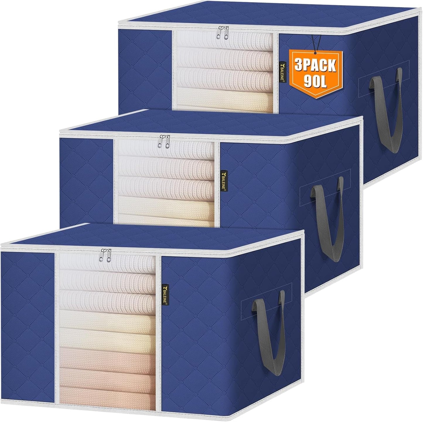 BALEINE 3 Pack Clothes Storage Bags, 24 Gallon Storage Containers with Reinforced Handle, Sturdy Zipper, Closet Organizer for Blanket, Comforter, Pillow, Bedding (Blue, 3 Pack)