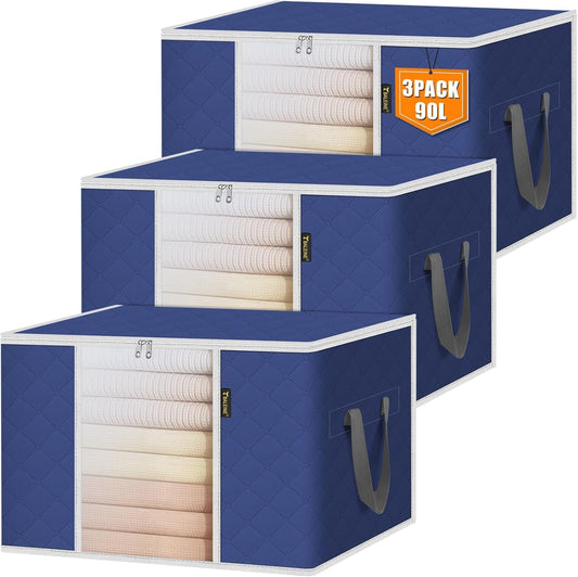 BALEINE 3 Pack Clothes Storage Bags, 24 Gallon Storage Containers with Reinforced Handle, Sturdy Zipper, Closet Organizer for Blanket, Comforter, Pillow, Bedding (Blue, 3 Pack)