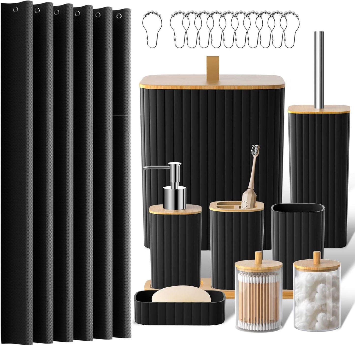 Bathroom Accessories Set - 22PCS Black Bathroom Set with Shower Curtain, Trash Can, Toilet Brush Holder Set & Soap Dispenser – Stylish & Functional Bath Decor for Home, Apartment