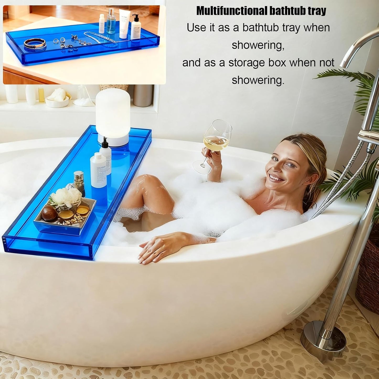 Bathtub Tray Table, Clear Acrylic, Anti-Slip Bath Caddy, L32.3″ * W7.87″ * H1.18″ (Blue, L29.9 x W7.87 x H1.18)