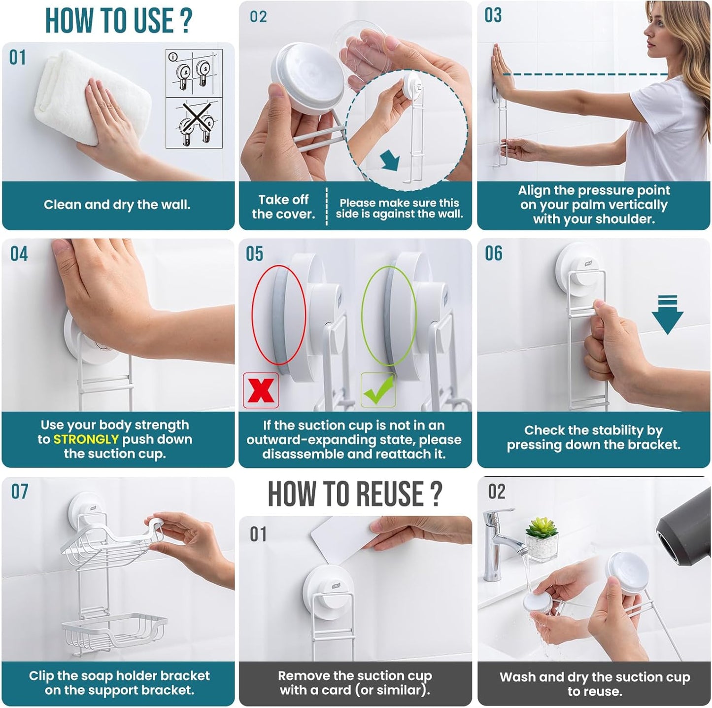 TAILI Double Layer Soap Holder, Bar Soap Dish Suction Cup for Shower Wall, Draining Saver Tray for Bathroom, Rustproof Stainless Steel Sponge Holder for Tub, Kitchen, Drill-Free, White