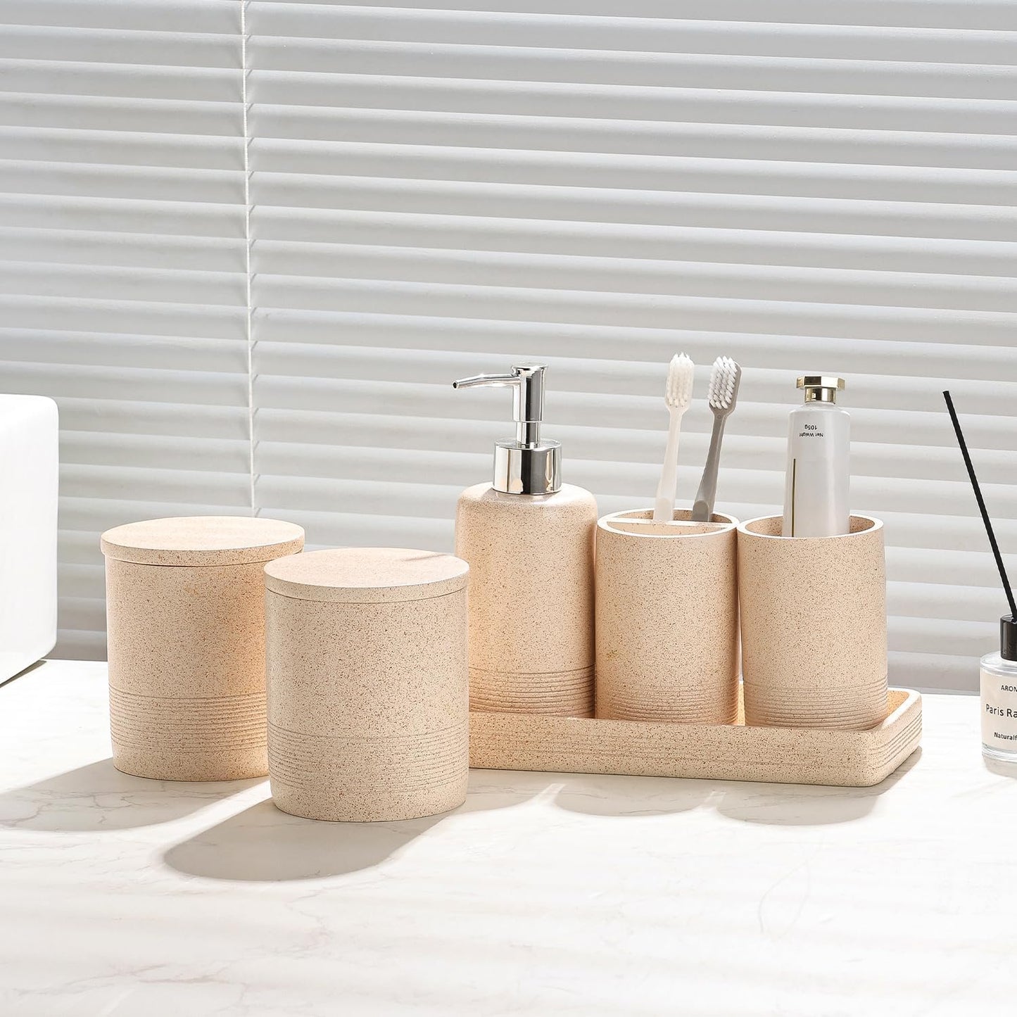 Bathroom Accessories Set, 6 PCS Modern Rustic Resin Bathroom Organizer Set, Toothbrush Holders Set, Soap Dispenser, Vanity Tray, Tumbler, Cotton Swab Jars (Beige)