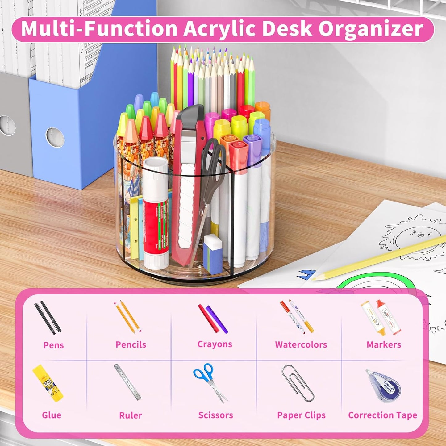 Small Pencil Organizer for Desk Acrylic 4 Compartments, Tiny Rotating Art Supply Organizer Kids, Spinning Round Marker Small Clear Desktop Caddy Swivel Office Pen Pencil Holder