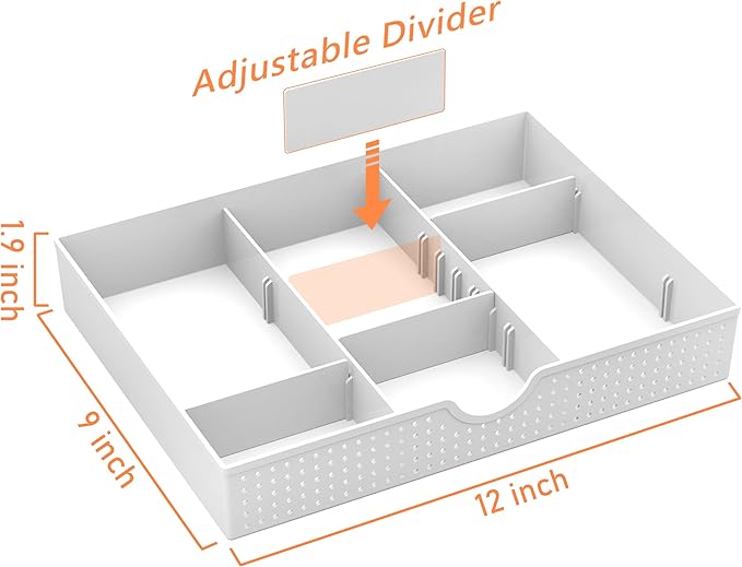 CAXXA 3 Slot Drawer Organizer with 4 Adjustable Dividers - Drawer Storage 7 Compartments Junk Drawer Organizer for Office Desk Supplies and Accessories, White