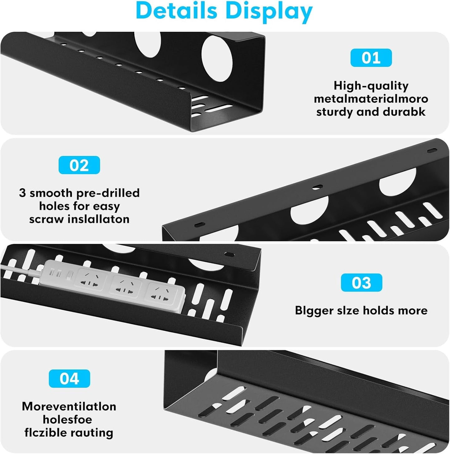 2 Pcs Black Steel Under Desk Cable Management Tray Organizer, Industrial Style, Self-Adhesive or Screw-In Installation, Larger Capacity, Premium Metal Material, Upgraded Cable Routing Holes
