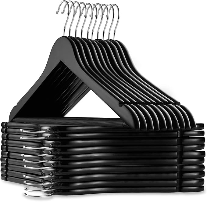 Casafield - 20 Black Wooden Suit Hangers - Premium Lotus Wood with Notches & Chrome Swivel Hook for Dress Clothes, Coats, Jackets, Pants, Shirts, Skirts