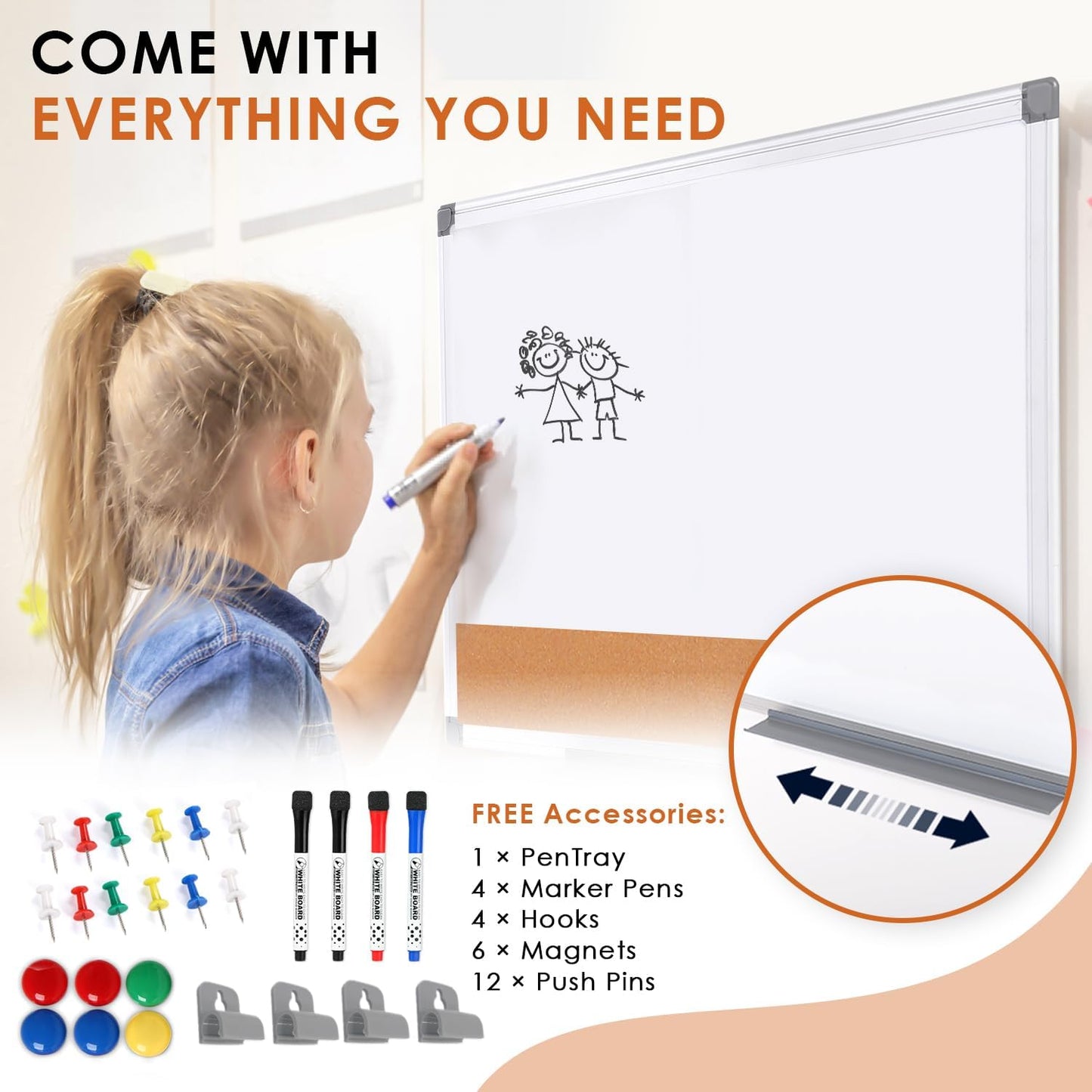 S SWANCROWN Magnetic Dry Erase and Cork Board Combo Hanging Whiteboard Notice Board for Wall Gift Home School Office, 36 x 24 Inches, with Maker/Pins/PenTray/Hooks