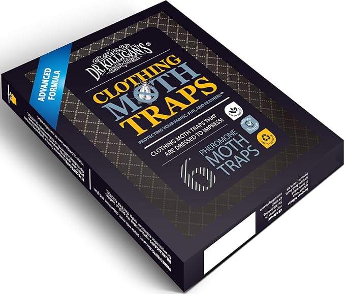 Dr. Killigan's Premium Double Potent Clothing Moth Traps with Pheromones Prime, Organic Clothes Moth Trap with Lure for Closets & Carpet, Case Making & Web Spinning (6 Pack, Black)
