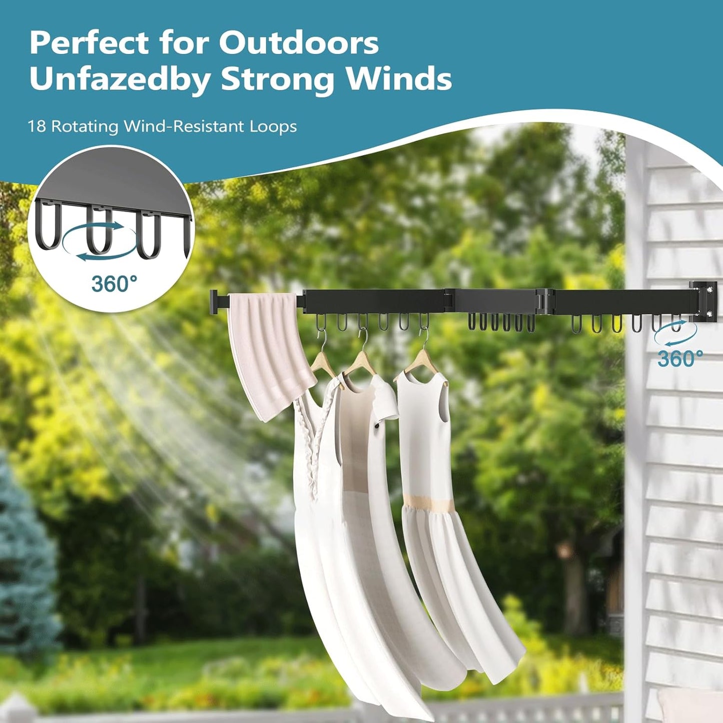 JAUREE Clothes Drying Rack Wall Mounted, Laundry Drying Rack Collapsible, Space Saving Wall Drying Rack Clothing Foldable, Tri-Fold Retractable Rack Outdoor Indoor with 18 Hooks, Black